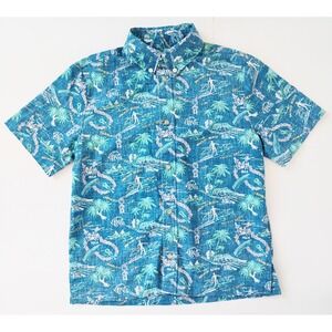 Reyn Spooner Boys L Hawaiian Shirt Blue Waikiki Beach Surfer Tiki Limited Issue